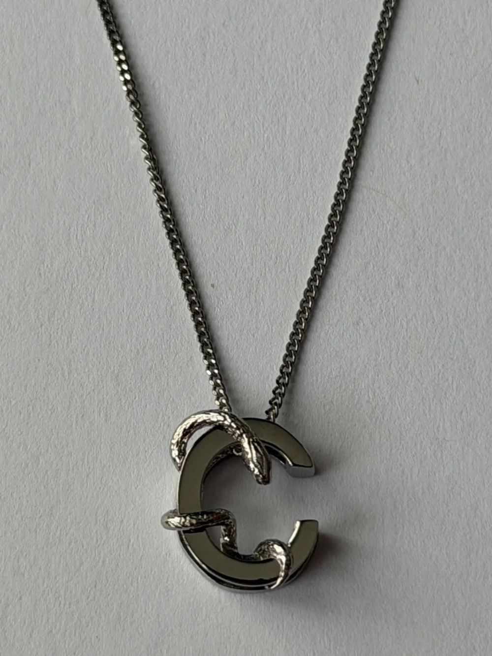 Saint Laurent YSL Sterling Silver C Initial Letter Snake Pendant Chain Necklace